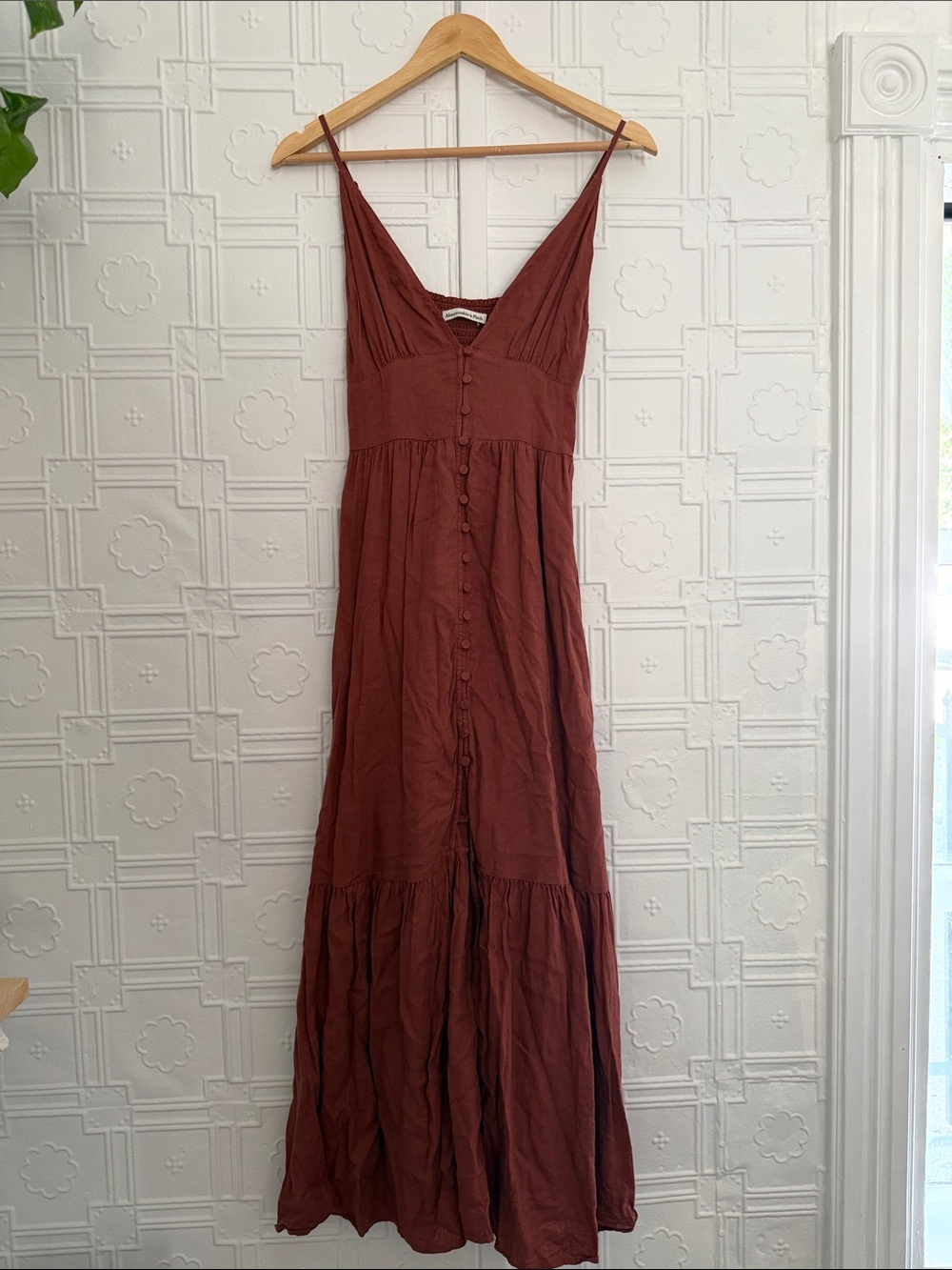 Abercrombie & Fitch Linen Blend Button-Front Maxi Dress Rust Brown XS